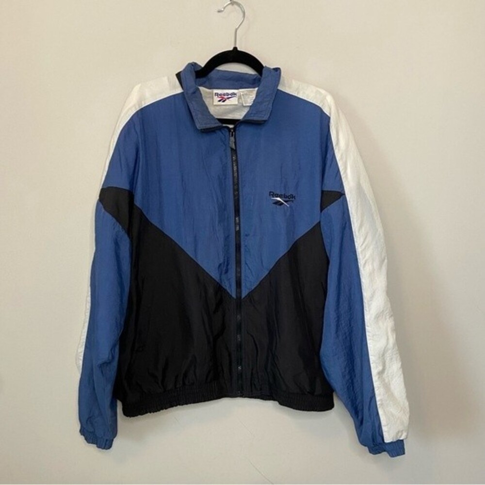 Reebok 80s Blue Black White Windbreaker Nylon Jacket Vintage Sz Large